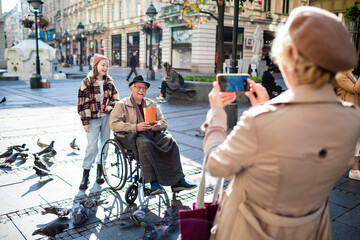 Capturing a Joyful Moment with Granddaughter and Grandfather in the City