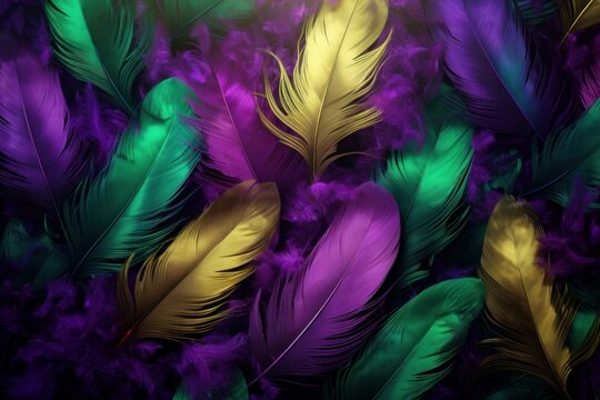 Beautiful bright background of feathers in purple, green and yellow colors, for the Mardi Gras festival.