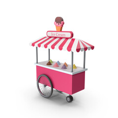 Ice cream cart trolley with various types of delicious ice cream showcase, Street cart with awning.  yellow pink white color branded. Portable ice cream Kiosk, Booth, and Stall made with a bike wheel
