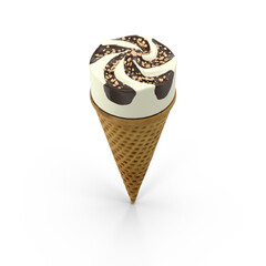 3D Cone ice cream mixed with vanilla and chocolate isolated white background. Waffle cone isolated