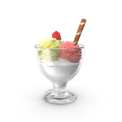 Vanilla, strawberry, and chocolate ice cream scoops with wafer stick in sundae bowl or ice cream in sundae dish isolated on a white background. 3D rendering