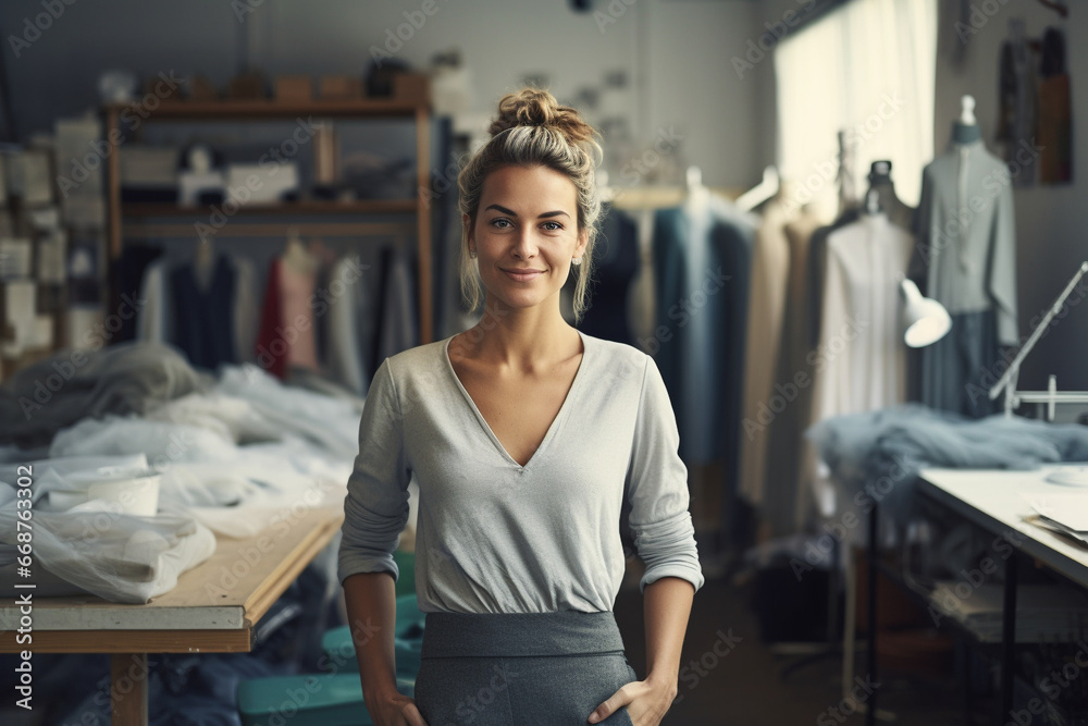 Wall mural Portrait of a smiling female fashion designer standing in a sewing studio.