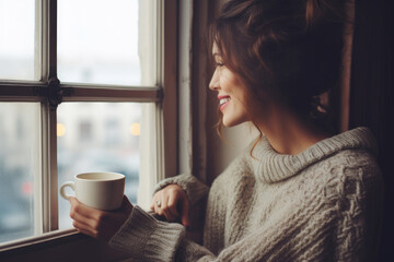  Portrait of happy young woman in cozy sweater holding a cup of hot drink and looking trough the window, enjoying the winter morning at home, side view