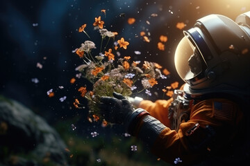 Astronaut on an unknown planet holds alien flowers in his hands.