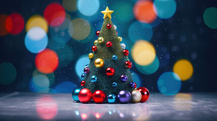 Obraz premium Tiny Christmas Tree toy on the table. Symbol of winter holidays with bokeh lights.
