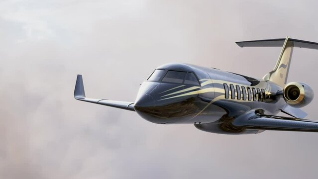 Private jet with gold livery flying through clouds
