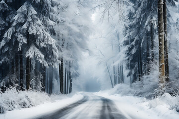 Paisaje de bosque de abetos en invierno, cubierto de nieve, niebla atravesado por una carretera solitaria