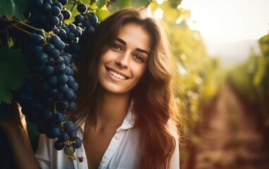 Smiling beautiful woman winegrower is harvesting grapes