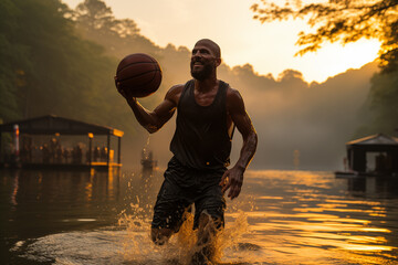 Man holding a basketball in river with sunset on World Basketball Day