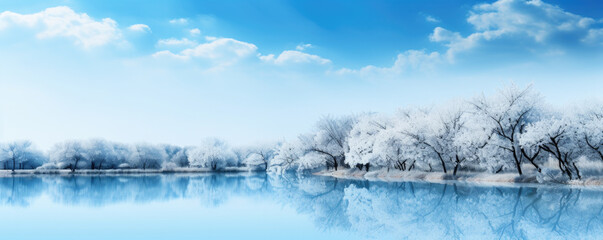 Beautiful winter landscape. Beautiful frozen lake and frosted trees against the blue sky.