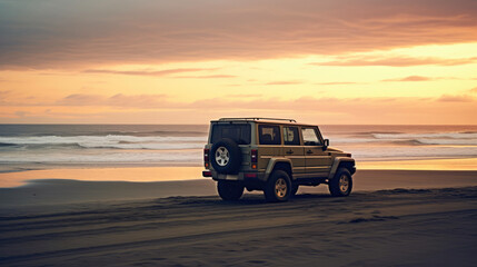 Shoreline Expedition: SUV Framed by the Sea