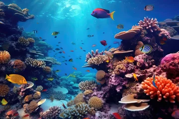 Fototapete Rund Underwater with colorful sea life fishes and plant at seabed background, Colorful Coral reef landscape in the deep of ocean. Marine life concept, Underwater world scene. © TANATPON