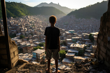 Latin American boy looks at the landscape of the favelas of a poor area of the city.