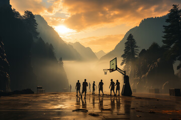 Playing basketball with sunset in the mountains on World Basketball Day