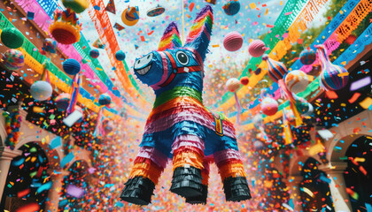 Colorful funny donkey pinata hanging against blurry background with falling confetti. Hispanic decoration for Las Posadas