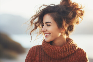 Portrait of happy young woman in cozy sweater enjoying the winter morning outdoors, side view