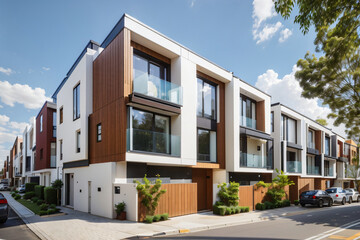 Street with modern modular private townhouses. Appearance of residential architecture - obrazy, fototapety, plakaty