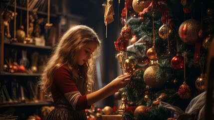 Girl in a burgundy dress decorates a Christmas tree in a village room. Christmas tree. Horizontal banking background for web. Photo AI Generated