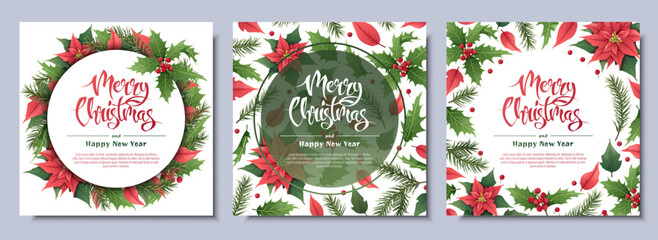 Set of Christmas greeting card, with winter plants, poinsettia, holly berry, spruce, traditional symbol.Vignette, frame, on a white background for greeting card, invitation, banner, flyer. - obrazy, fototapety, plakaty
