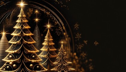 Elegant New Year and Christmas Trees for Holiday, Luxury Design with Golden and Black Festive Elements. 3D Xmas trees with Copy Space.