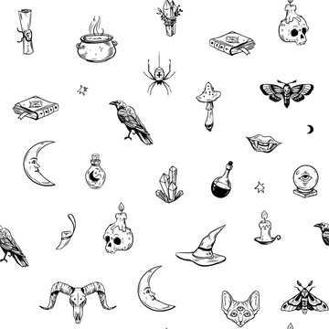 Magical objects outline illustrations. Dark magic, Halloween, witch's tools. Seamless vector pattern