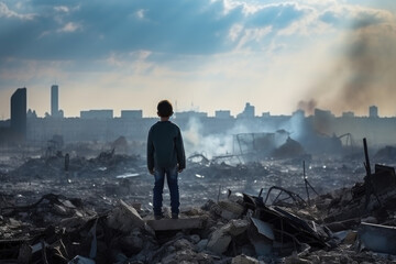 little boy looks at a completely destroyed city.