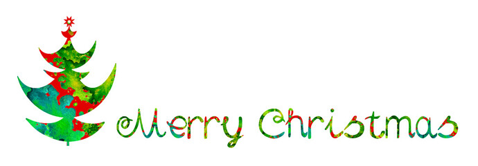 Merry Christmas text on white background and green fir tree .