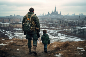 Naklejka premium father and child walk through a destroyed city.