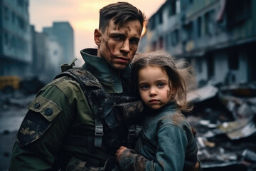 Fototapeta premium child in the arms of the soldier who saved her against the backdrop of a ruined city.