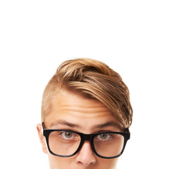 Glasses, half face and portrait of man in a studio for vision, health and optical wellness....