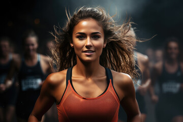 Beautiful brunette runner woman with brown eyes and running. close-up. Dynamic movement. Sports and...