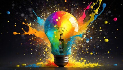 Creative idea concept with light bulb with colorful explosion on dark background