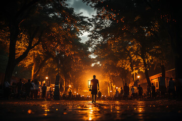 People playing basketball in the evening with sundown on World Basketball Day - obrazy, fototapety, plakaty