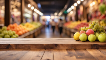 fruit on a wooden table with a blurry fruit shop background - obrazy, fototapety, plakaty