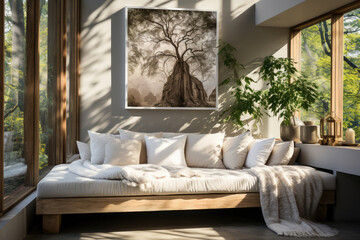 Cozy relaxation nook with floor-to-ceiling windows, showcasing a majestic tree artwork and forest views.