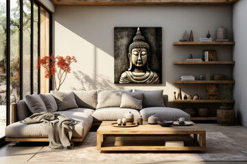 Serene living room with Buddha art, natural wooden accents, and floor-to-ceiling windows overlooking nature.