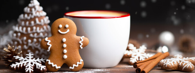 Festive Christmas composition of gingerbread cookies and mock up cup. Snowflake background - obrazy, fototapety, plakaty