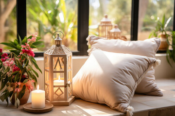 Cozy interior with glowing lantern, plush pillows, and vibrant flowers by sunlit windows, embodying warmth and relaxation.