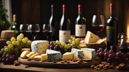 Fotobehang An elegant wine and cheese pairing featuring fine wines, grapes, and a selection of cheeses. © xKas