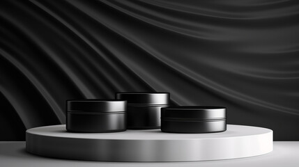 3D rendering of black product background for cream cosmetics Modern silver podium background