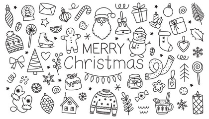 Christmas doodle big set. New Year hand drawn sketch. Vector icon 