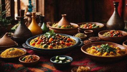An exotic Moroccan feast with tagines, couscous, and a colorful assortment of mezze. - obrazy, fototapety, plakaty