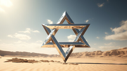 Metallic David star in the sand of desert. Shiny 3D Israel symbol of Magen David. - obrazy, fototapety, plakaty