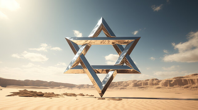Metallic David star in the sand of desert. Shiny 3D Israel symbol of Magen David.