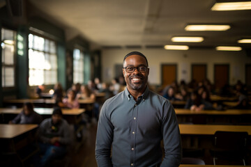 Professional business head shot photo portrait of confident smiling male teacher in glasses in the office, standing at work in the school. Training, education, development field of activity
