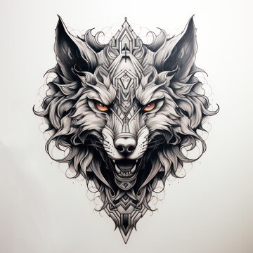Tattoo-Style Wolf Illustration on White Background - Wildlife Art