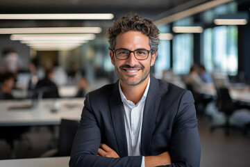 Head shot portrait smart confident smiling man standing at work. Professional business photo of male employee in glasses in the office, finance, marketing, it, bank field of activity.  - obrazy, fototapety, plakaty