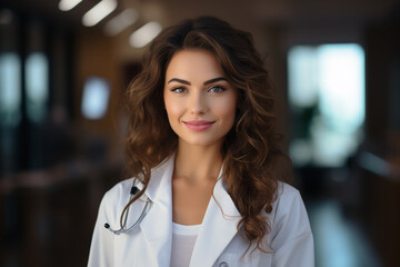 Professional doctor beautiful woman head shot photo portrait, confident curly hair smiling female employee in hospital in white jacket, health care, medicine, surgery. 
