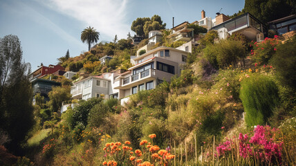 Stylish luxury houses nestled in the picturesque hills surrounded by blooming flowers create an idyllic and enchanting setting - obrazy, fototapety, plakaty