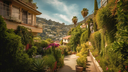 Fototapeta premium Stylish luxury houses perched on lush hillsides adorned with vibrant flowers and swaying palm trees offer a captivating oasis of elegance and natural beauty